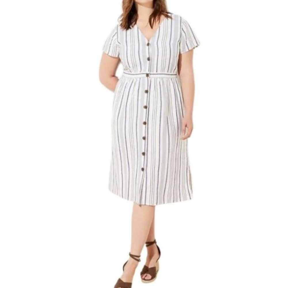 Loft Womens White Blue Striped Linen Blend V-Neck Button Up SS Midi Dress Sz 16